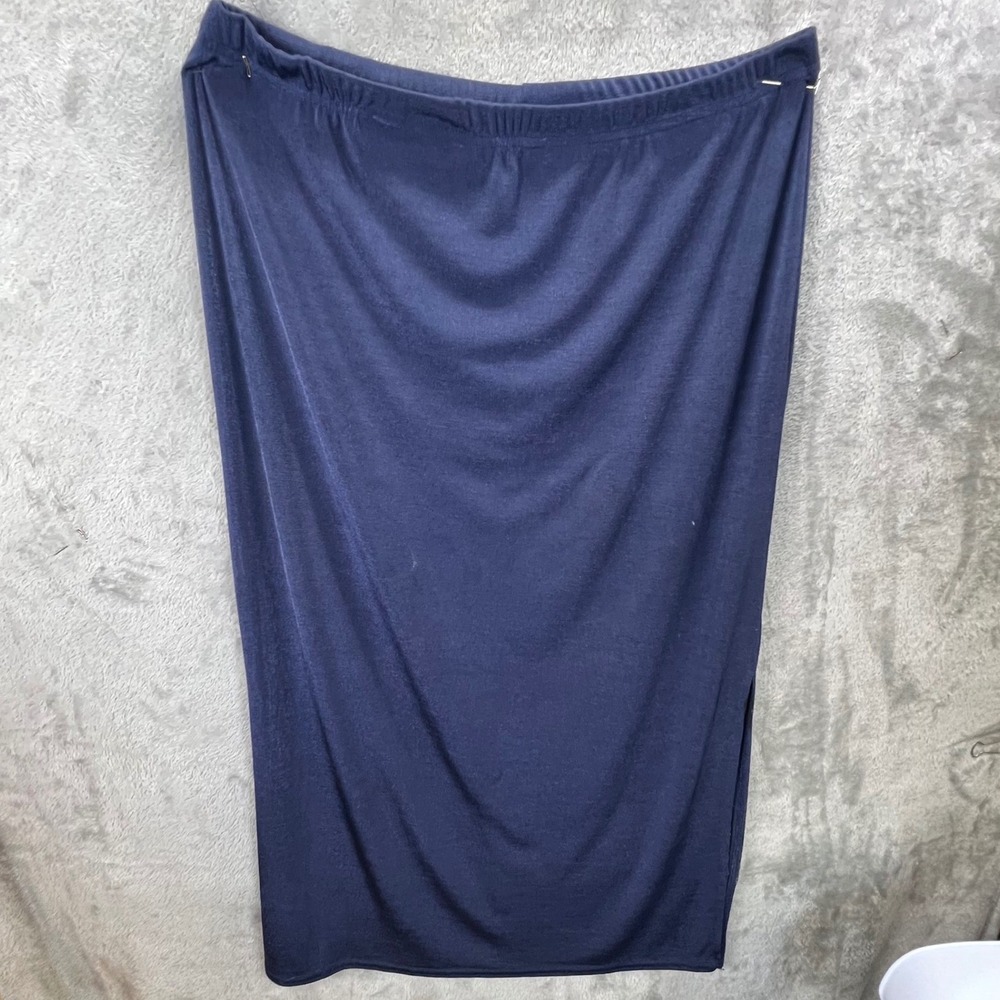 VTG Kathie Lee Navy Blue Slinky Maxi Skirt Plus Size 18W/20W Side Slit